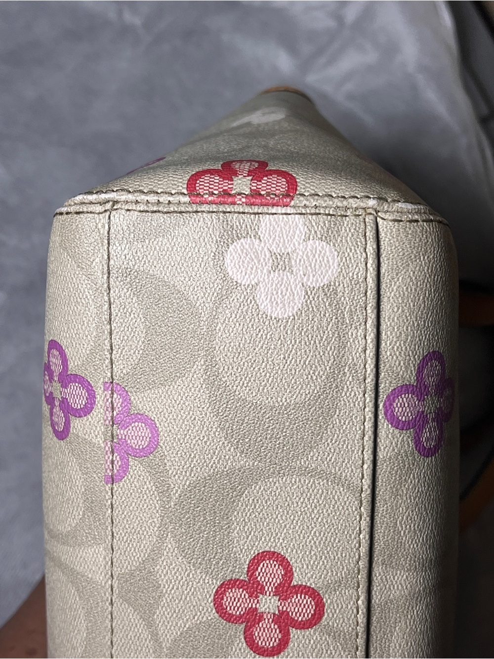 Coach Peyton Signature Canvas Tote in Purple and Pink Floral Print and Tan Trim - Picture 6 of 16